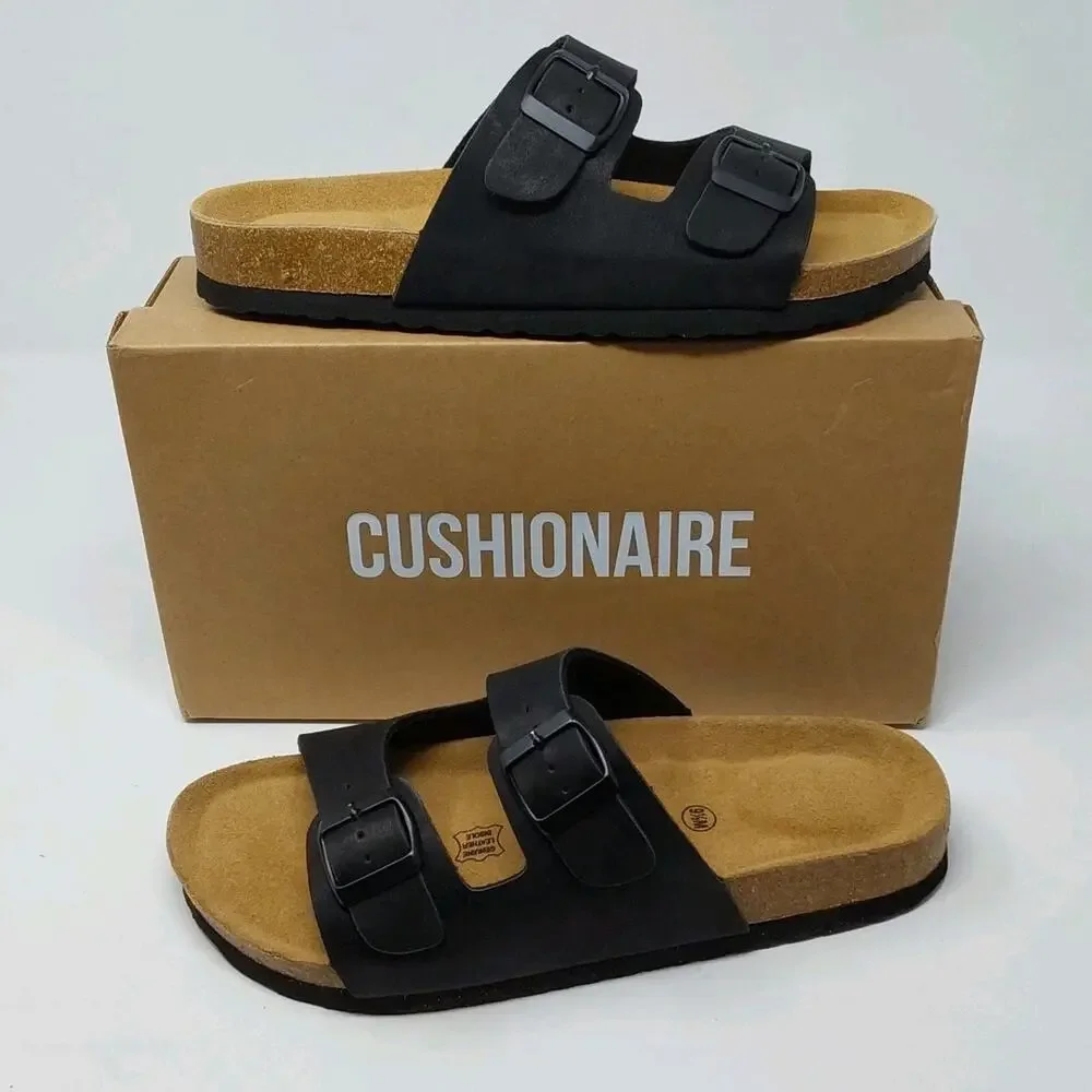 Cushionaire Lane Womens 9.5 Black Nubuck Leather Footbed Slide Sandals